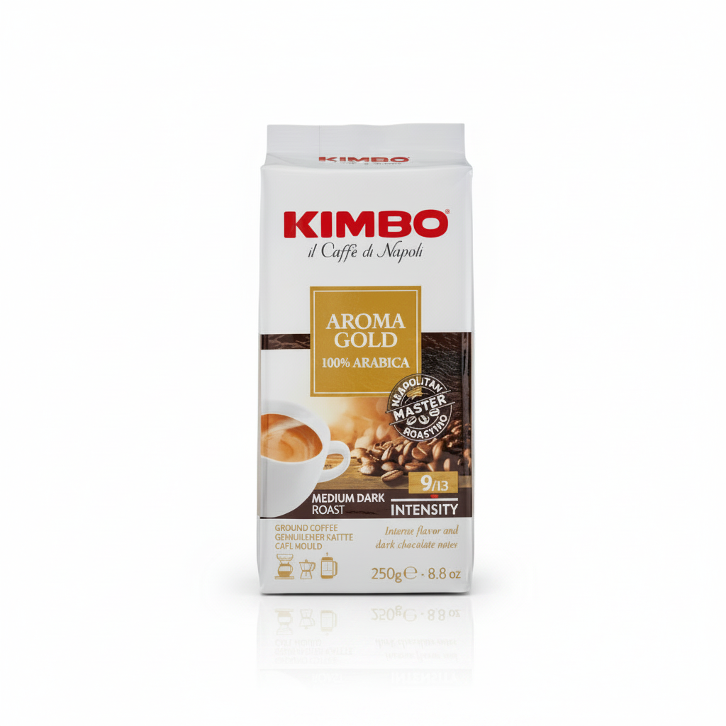 Kimbo Aroma Gold ground coffee on a neutral white background with the same composition and visual scale as the Antica Tradizione collection image