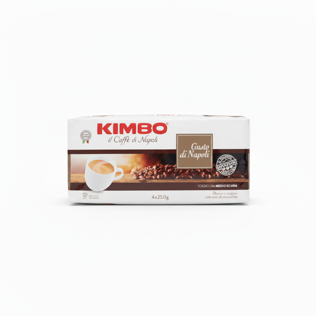 Kimbo Gusto di Napoli ground coffee 4 x 250g pack on a neutral white background