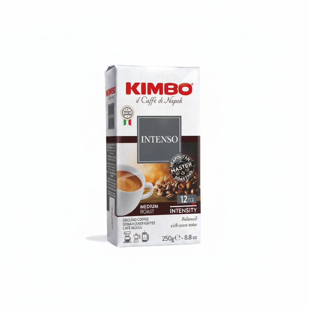 Kimbo Intenso ground coffee on a neutral white background styled to match the Gusto di Napoli catalogue image