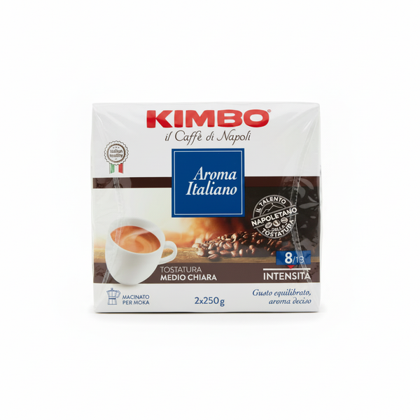 Kimbo Aroma Italiano ground coffee on a neutral white background styled to match the Gusto di Napoli catalogue image