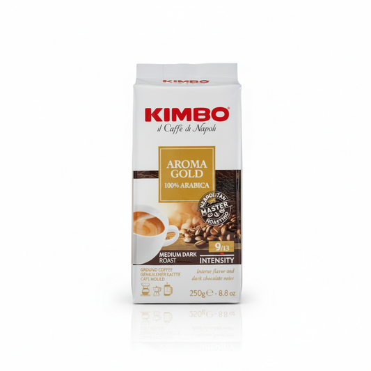 Kimbo Aroma Gold ground coffee on a neutral white background with the same composition and visual scale as the Antica Tradizione collection image