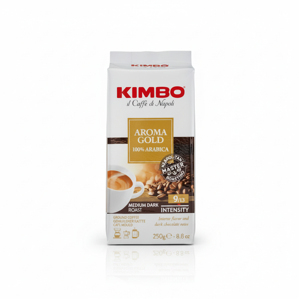 Kimbo Aroma Gold ground coffee on a neutral white background with the same composition and visual scale as the Antica Tradizione collection image