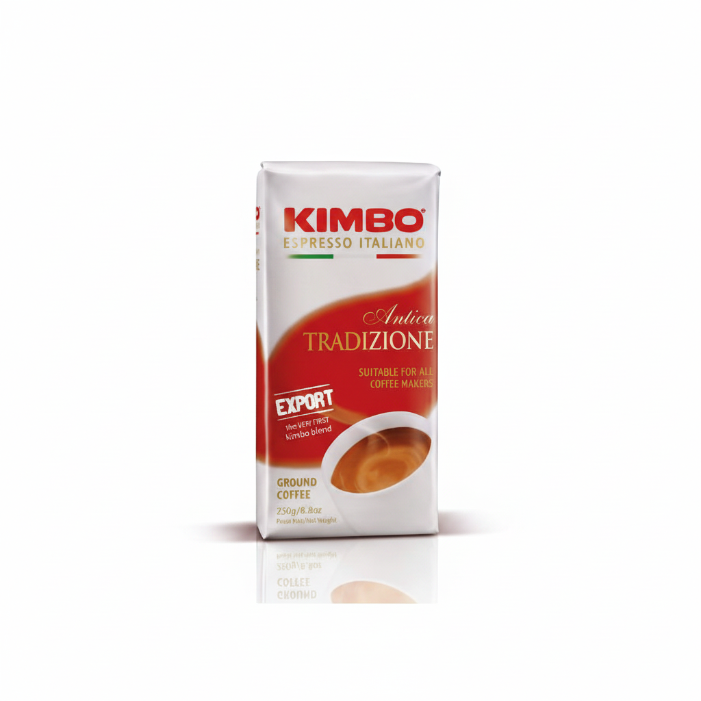 Kimbo Antica Tradizione ground coffee on a neutral white background styled to match the Gusto di Napoli catalogue image