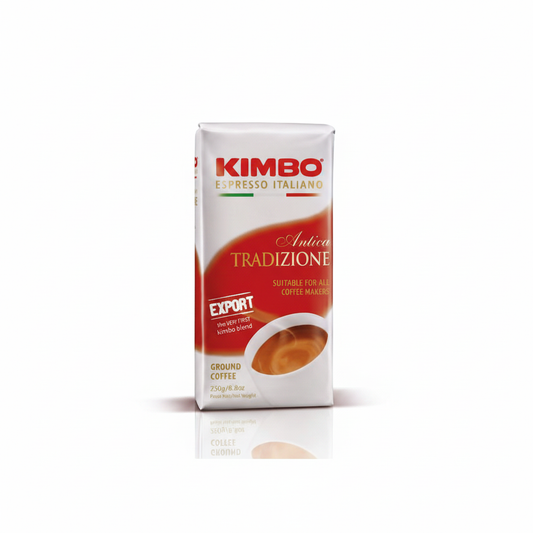 Kimbo Antica Tradizione ground coffee on a neutral white background styled to match the Gusto di Napoli catalogue image